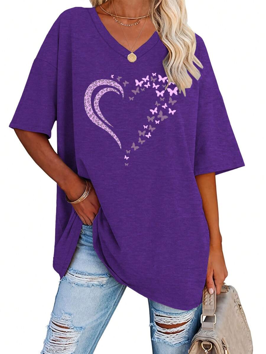 SHEIN LUNE Popular Spring And Summer Women'S V-Neck Short-Sleeve Loose Heart T-Shirt Top From Europe And America.
