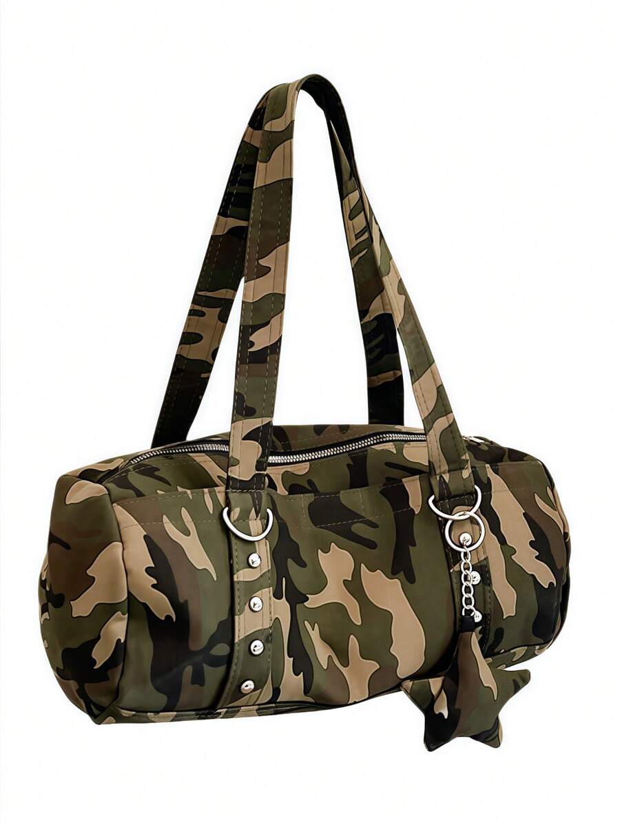 ROMWE Grunge Punk Retro Camouflage & Pentagram Decor Large Capacity Multifunctional Shoulder Bag/Underarm Bag, Y2K Stylish Versatile Tote Bag For Party, Vacation, Social Events, Gathering, Shopping