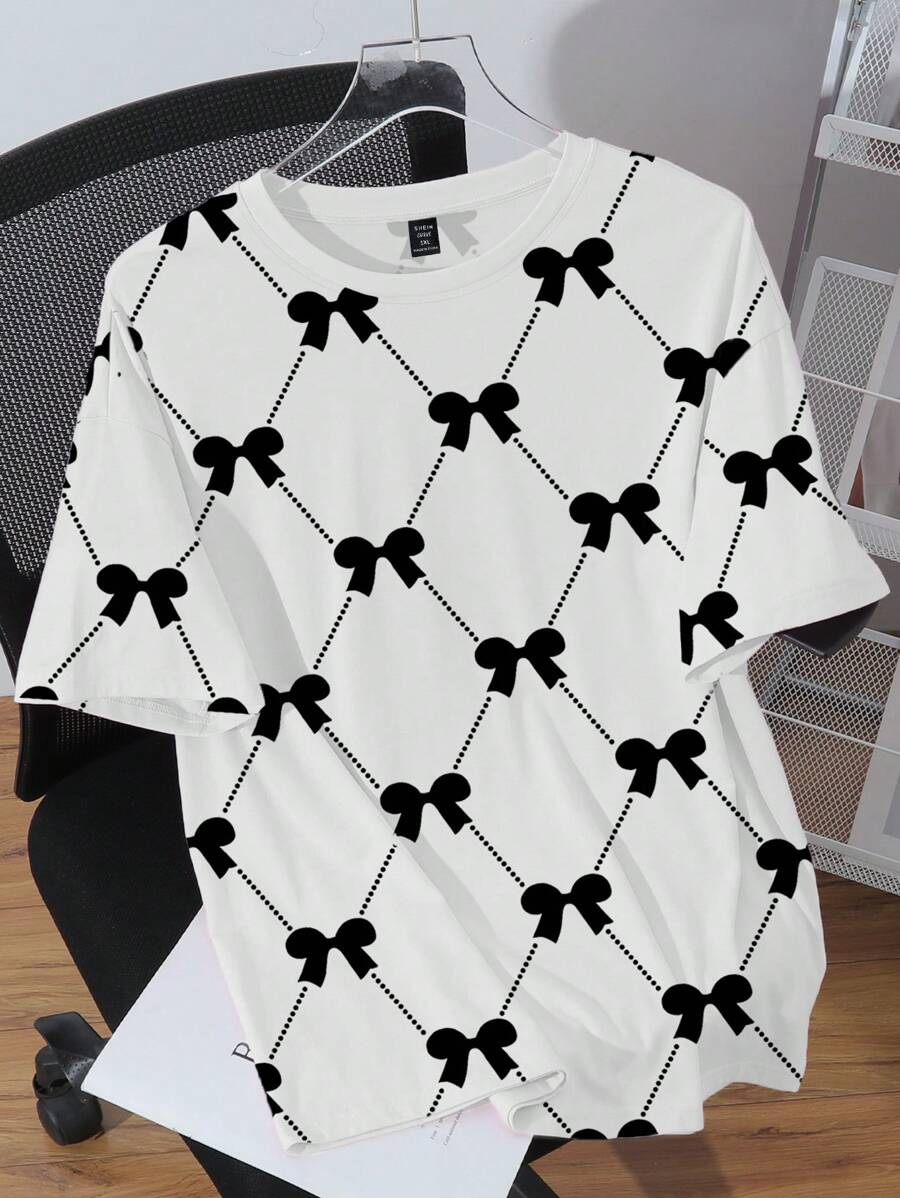 Flirla Plus Size Women's Tops Bow Print Allover Short Sleeve Casual T-Shirt Graphic Tees Women