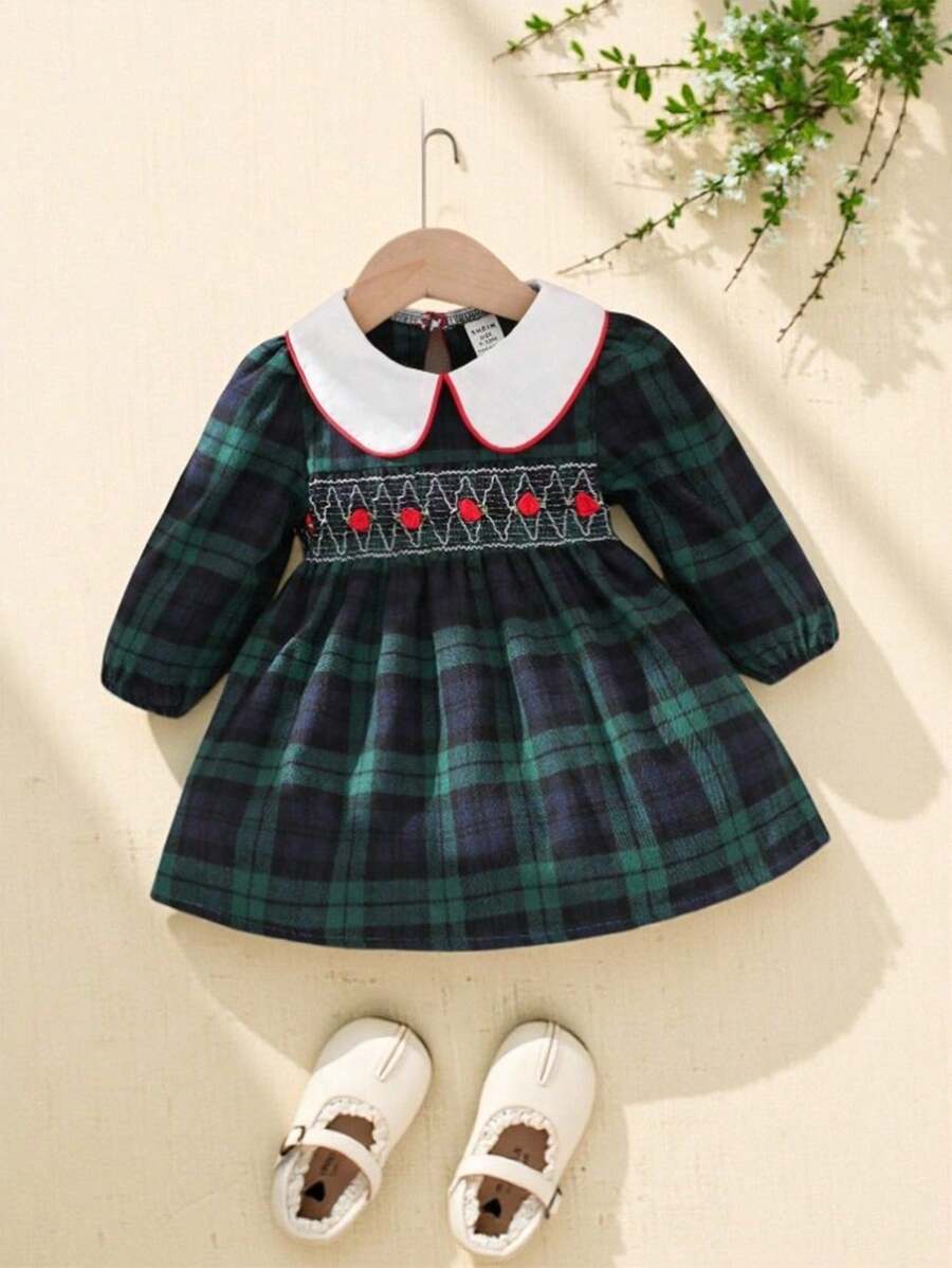 Souflis Souflis Babymeisje Peter Pan kraag geruite print schattige lange mouwen kerstjurk