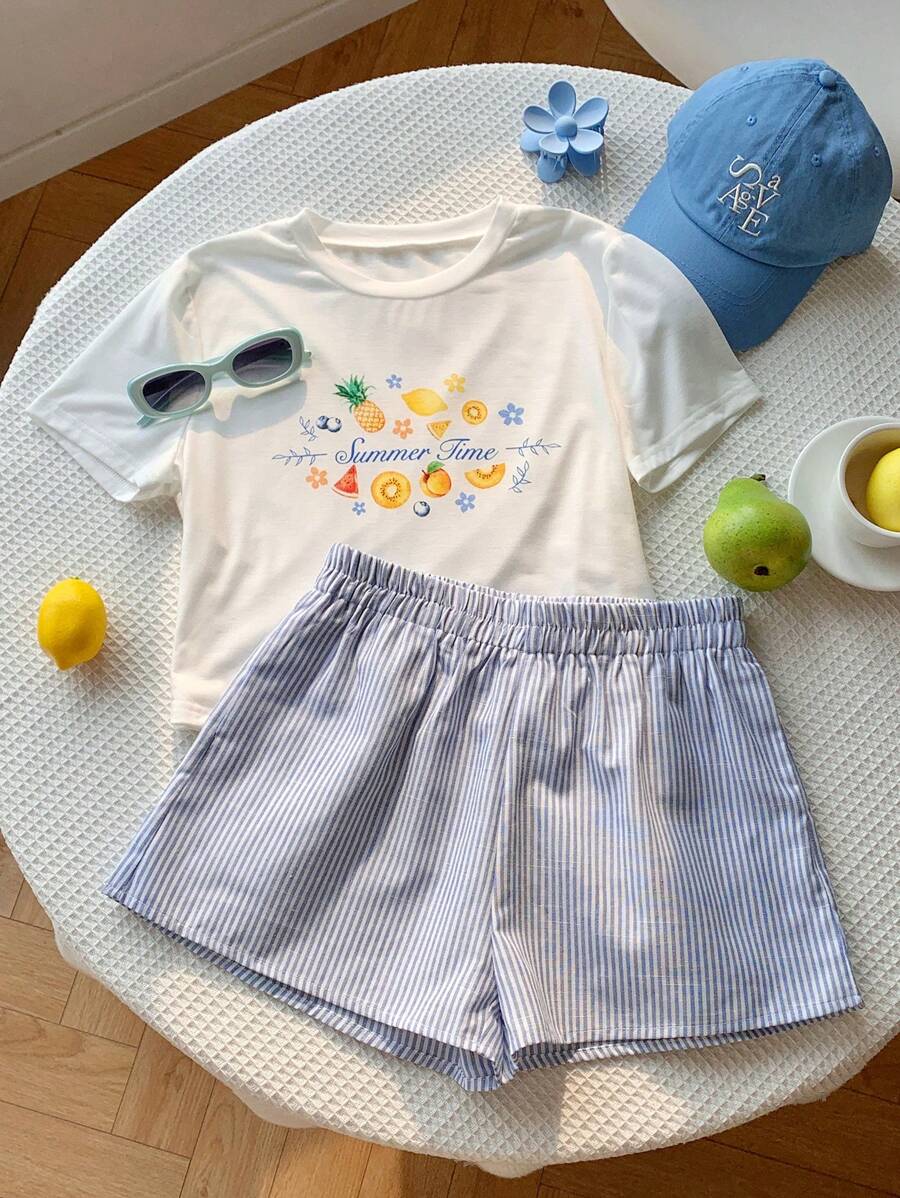 Comfortcana 2pcs Women Summer Letter & Pineapple Print Round Neck Short Sleeve T-Shirt And Striped Shorts Set