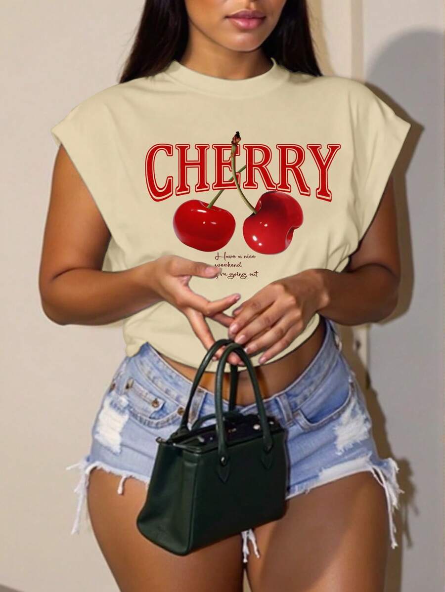 Slaydiva Casual Minimalist Red Cherry Letter Print Round Neck Short Sleeve Loose Cropped Women T-Shirt, Suitable For Summer