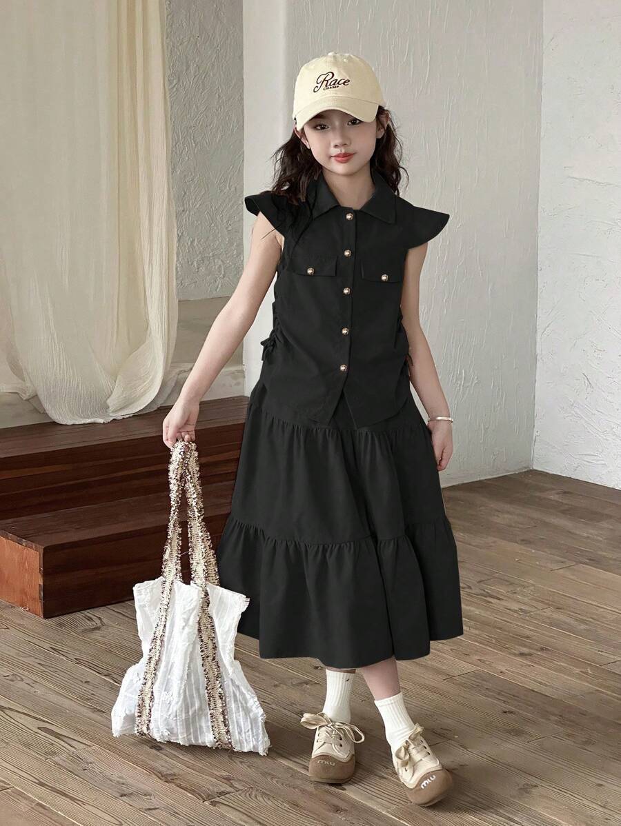 SHEIN Genkimix Kids Conjunto de 2 piezas para niñas con top tipo chaleco elegante y falda con volantes asimétricos en el bajo