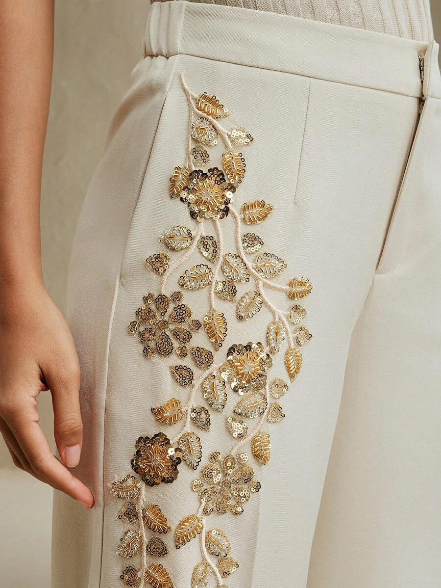 Anewsta Eleganti pantaloni da tailleur da donna con decorazioni floreali in perline, adatti per l'ufficio
