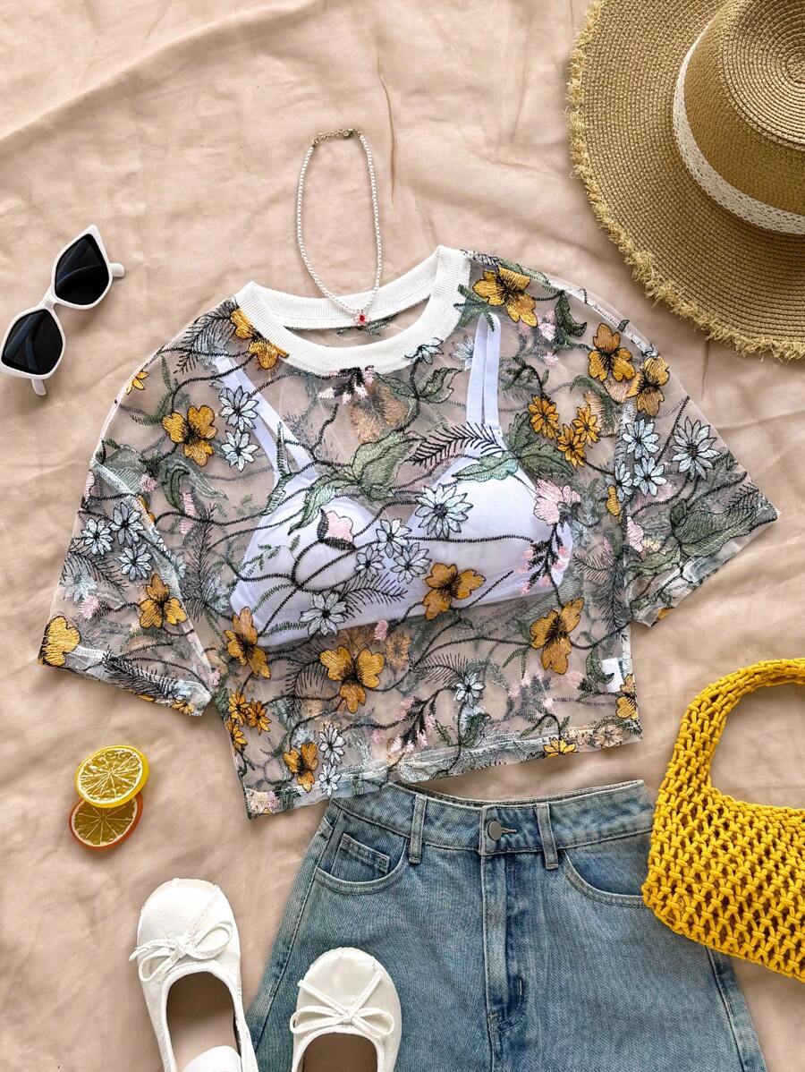 Soleia Blusa de mujer con bordado floral, perfecta para el verano