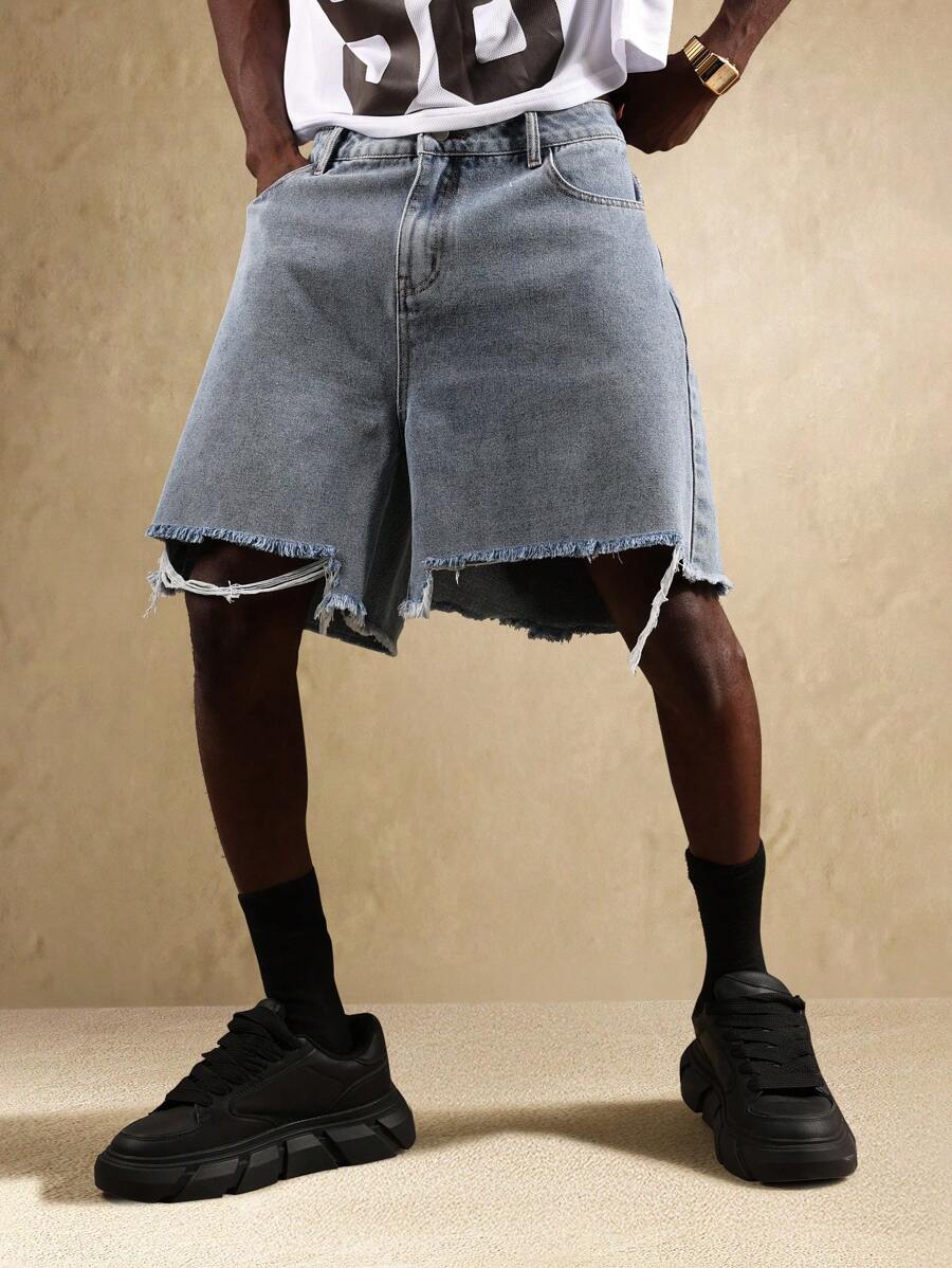 SUMWON Pantaloni scurți din denim cu croi larg, stil vintage, stil festival, croială lejeră, tiv brut, croială scurtă