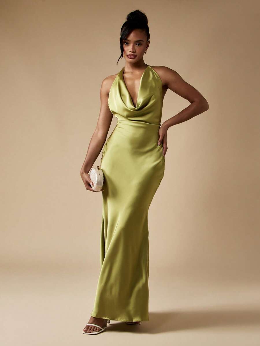 MISSGUIDED Luxury Cowl Neck Maxi Evening Gown Satin Halter Formal Dress Open Back Floor Length Special Occasion Wedding Guest Dress