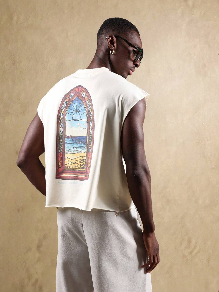 SUMWON Summer Beach Window Art Tank Top Muscle Sleeveless Cotton Casual Stained Glass Print Streetwear Cathedral View Vest