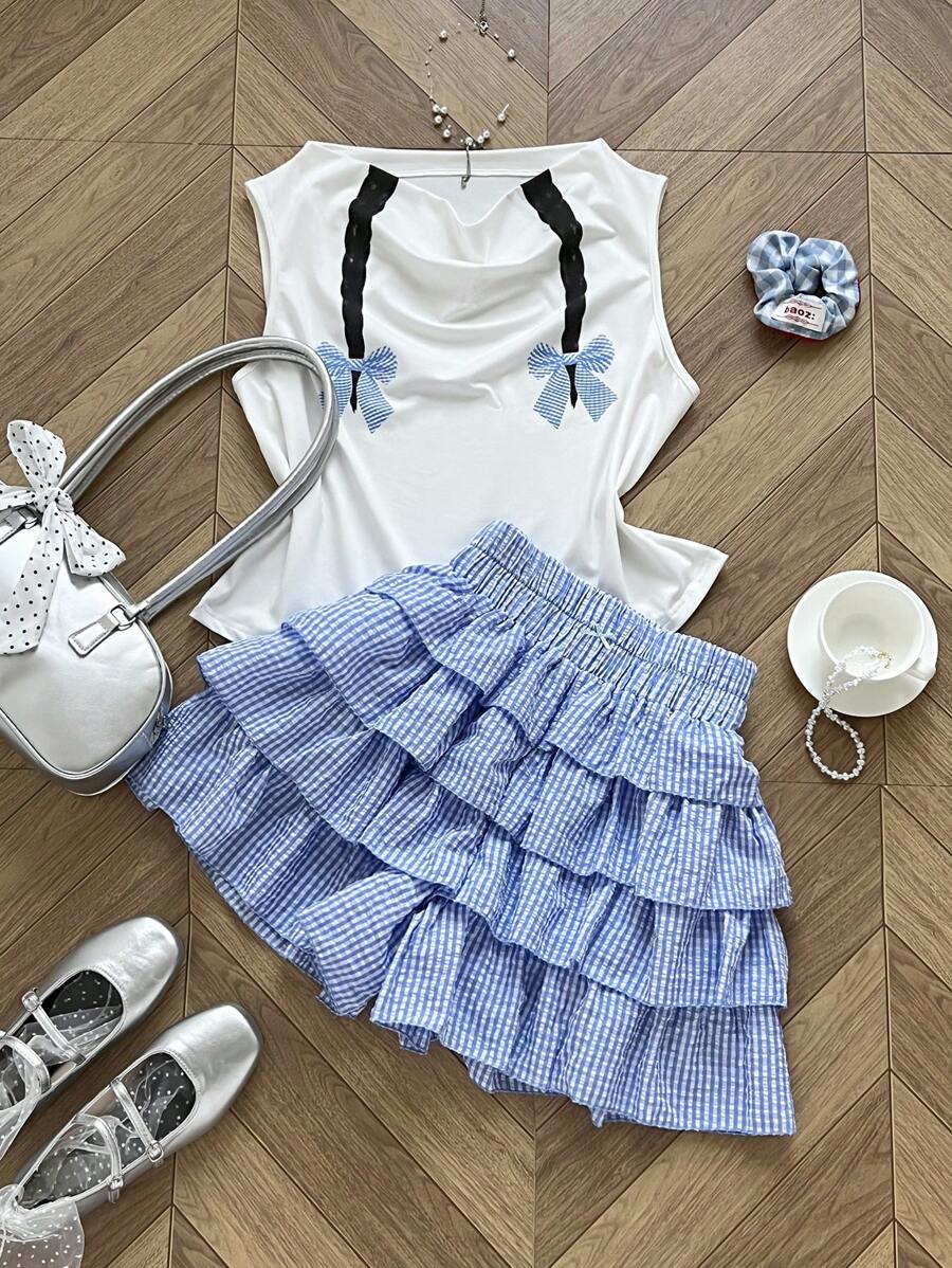 Sunnyshic Plus Size Plaid Bow Print Set, Cute Wrinkle Shorts