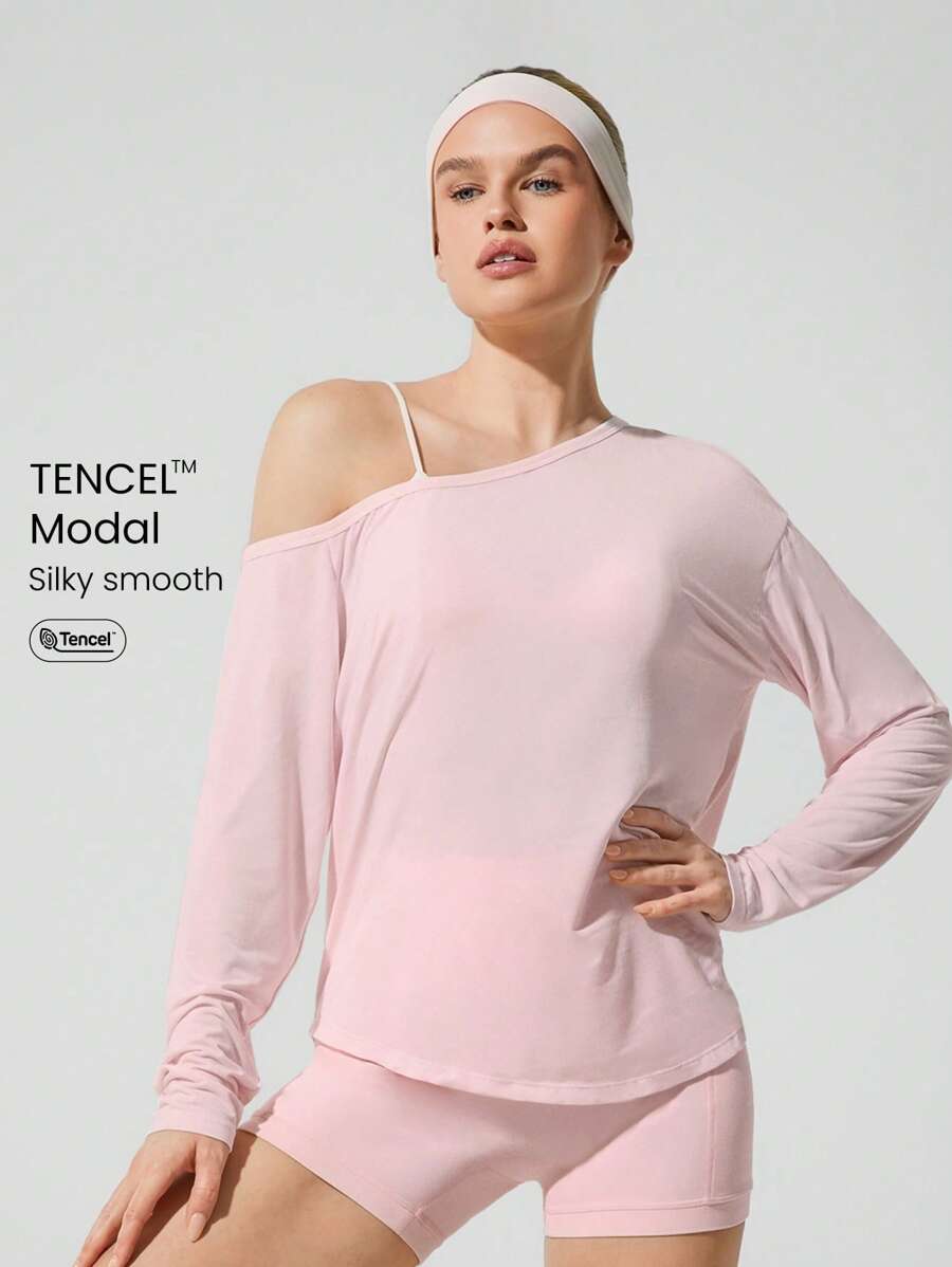 GLOWMODE TENCEL™ Modal Drift Off Lightweight Silky Smooth Asymmetrical Off Shoulder Long Sleeve Active Top Low-Impact Yoga Pilates Gym Studio Daily Casual Wear