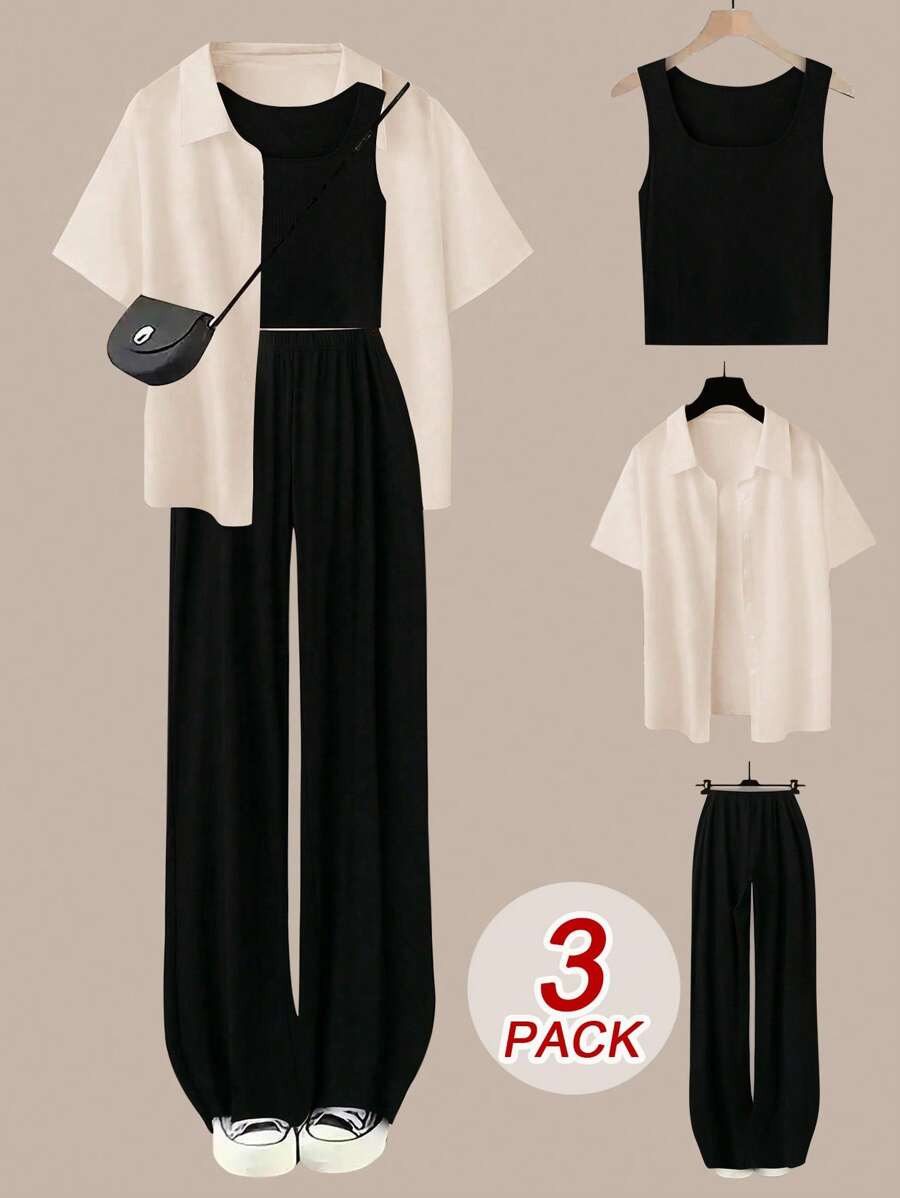 Flirla Conjunto de 3 piezas de talla grande para mujer, incluye top de tirantes, pantalones de pierna ancha y blusa de manga corta en color block, elegante conjunto para usar en casa
