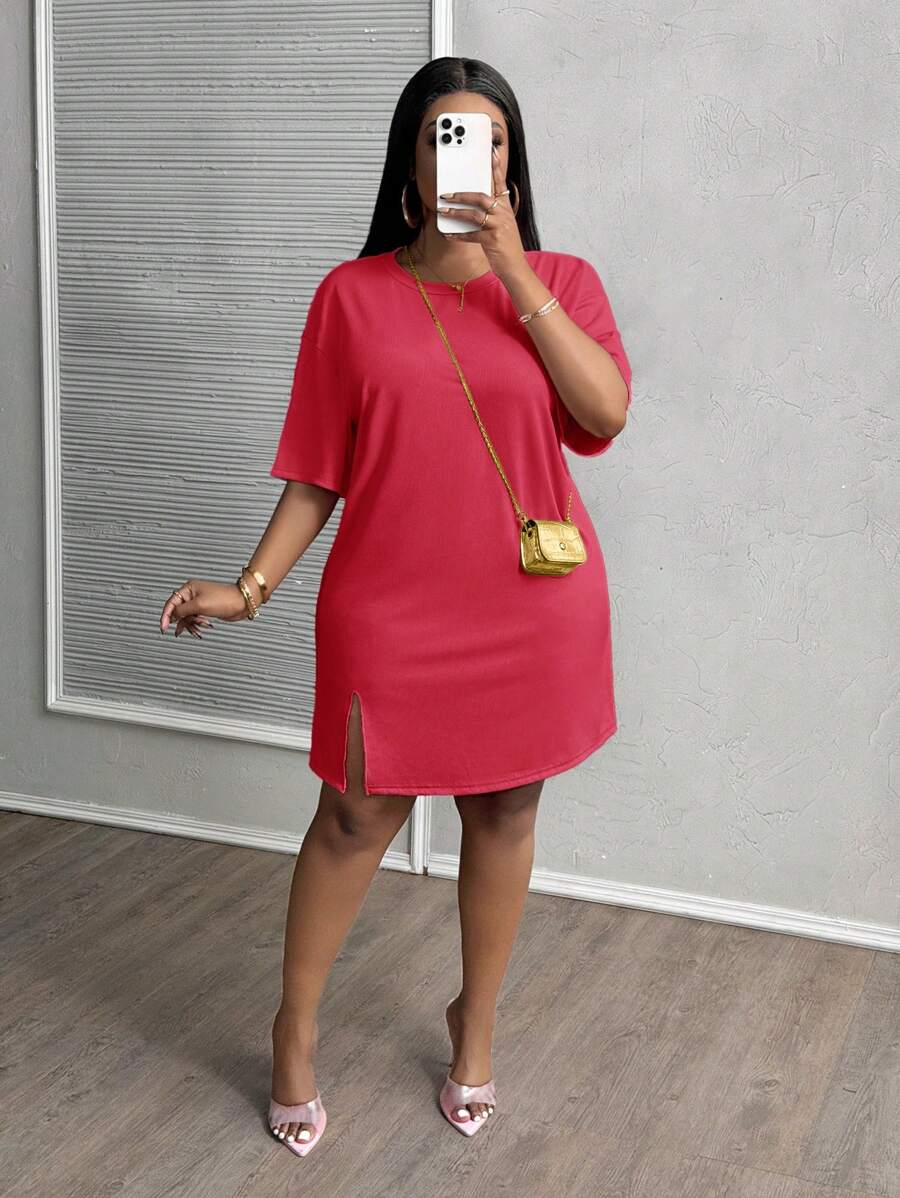 Slaydiva Vestido de vacaciones de manga corta con hombros caídos y abertura lateral de color rosa para tallas grandes, para principios de primavera