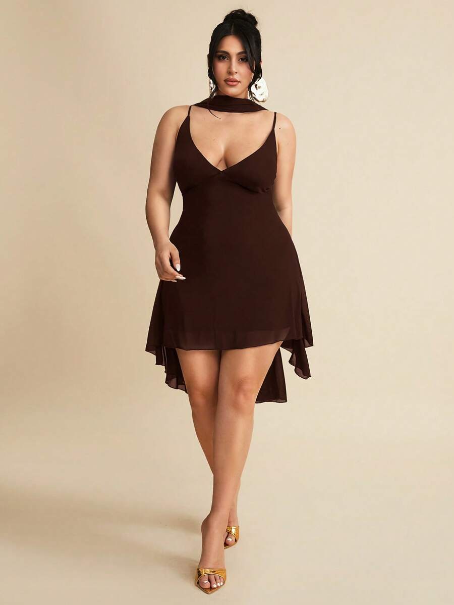 SHEIN BAE Vestito mini elegante in nero tinta unita con scollo a V profondo e nastro, adatto per appuntamenti quotidiani, uscite serali, discoteche, feste, raduni, cocktail festa, tute da vacanza, feste in piscina, abbigliamento da ufficio, abiti da pendolare