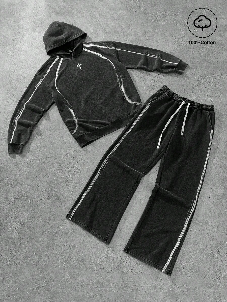 Manfinity Streetrush Set de 2 piezas de sudadera con capucha estilo callejero para hombres jóvenes, diseño de corte amplio con bolsillos, tela de algodón con lavado desgastado, para uso casual deportivo y diario, regalo unisex para días festivos.