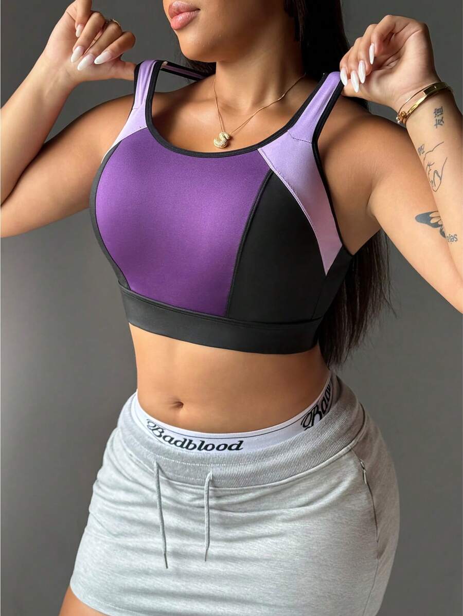 SHEIN Sport Studio Plus Size Colorblock Sports Bra, Adjustable Waist, High Support Polyester Underwear