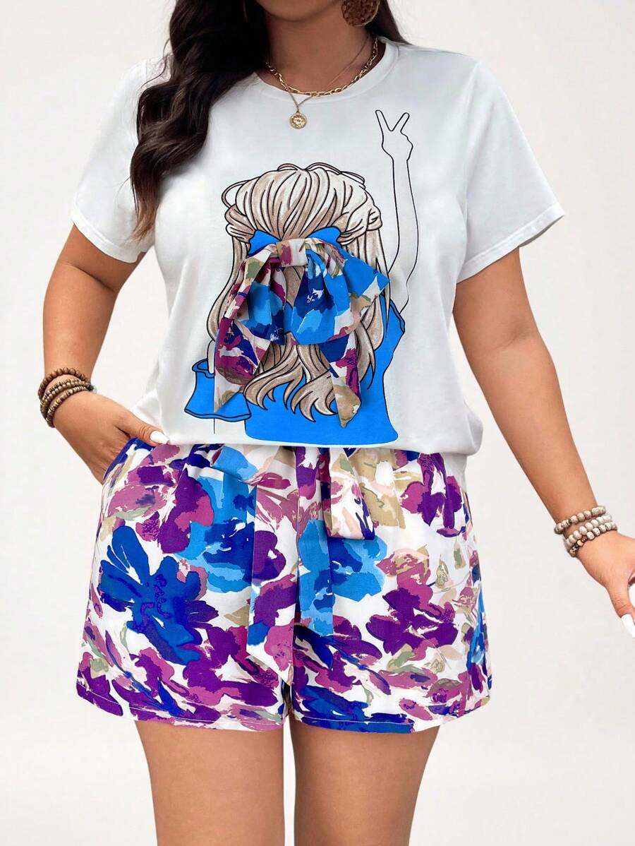 SHEIN LUNE Set estivo casual da 2 pezzi, composto da maglietta con stampa a figura e pantaloncini, per taglie comode