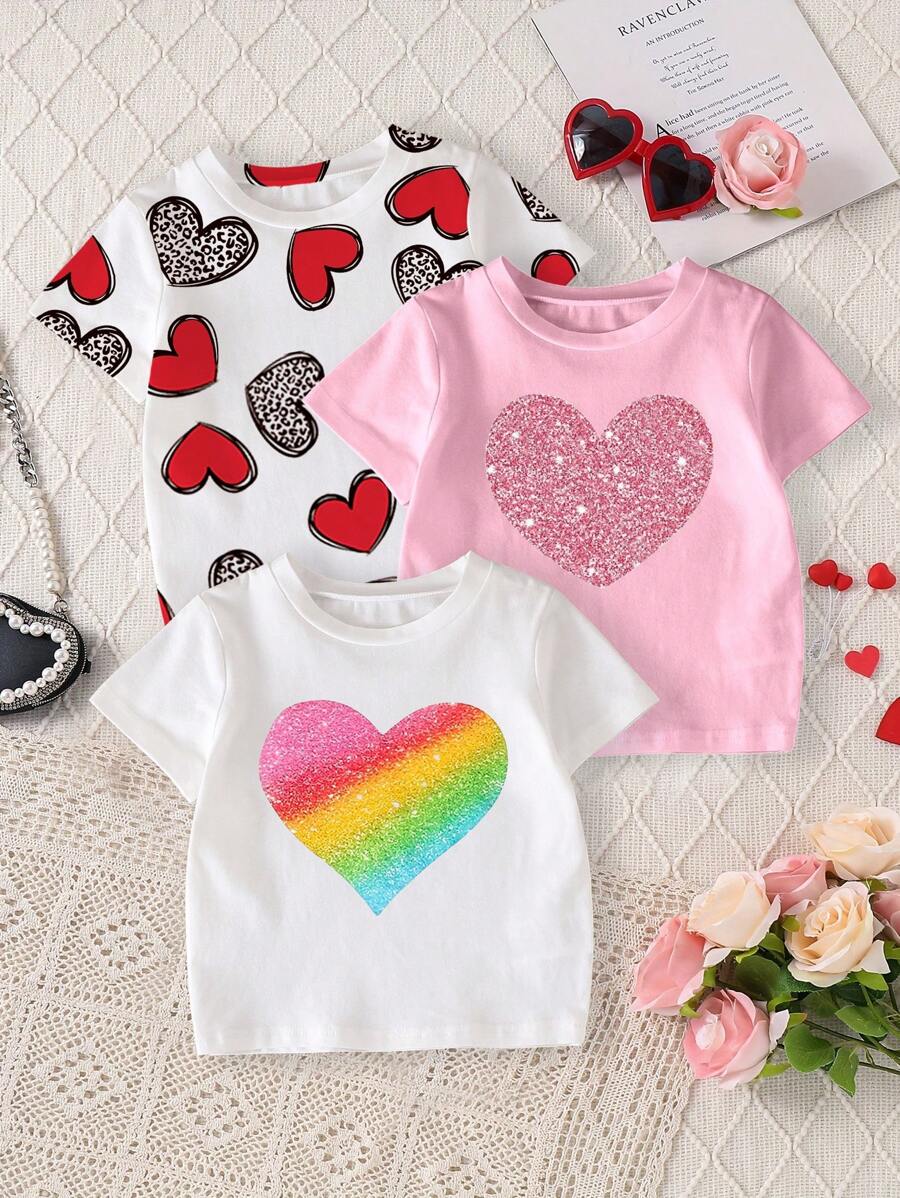 GraphicGems Set de 3 camisetas de cuello redondo de manga corta con estampados de leopardo, arcoíris y corazón, adecuado para el verano, para niñas
