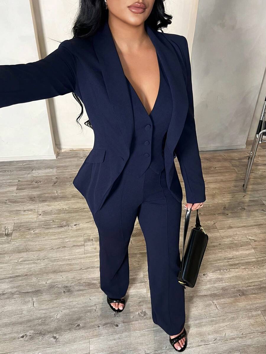 SHEIN SXY Set de 3 piezas: Blazer de manga larga azul profundo, chaleco y pantalones, conjunto sexy para ir al trabajo y citas, otoño/invierno