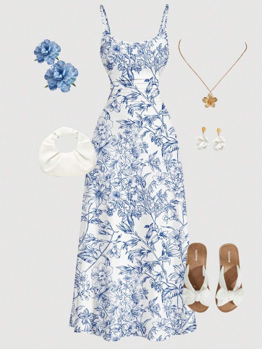 Girlism Rochie maxi Tenn Gir's albastră, cu imprimeu floral, fără mâneci, și talie lejeră, ținută casual de vară pentru vacanță, ținută pentru întoarcerea la școală, drăguță pentru picnic de primăvară în aer liber în familie, ținută de zi cu zi, potrivită pentru diverse ocazii precum vacanțe, festivaluri de muzică, stil boho, întâlniri de sărbători, ceai de după-amiază