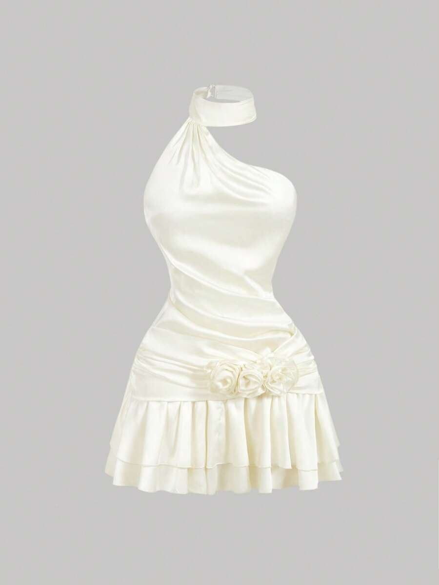 SHEIN X Belle Mariano SHEIN MOD Stand Collar Asymmetric Hem Ruffle Floral Decor Satin Apricot Dress,Low Rise Dress,Cocktail Dresses For Women,Concert ,Graduation ,Romantic ,Party,Wedding Guest,Prom ,Club ,Bachelorette,Backles,Sexy ,Coquette Satin Champagne Dress Women