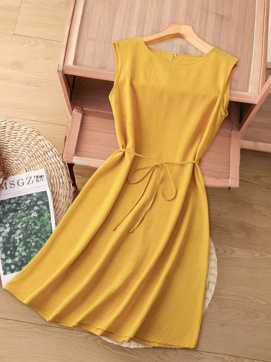 Rusticease Women Summer Solid Color Round Neck Sleeveless Casual Midi Dress Butter Yellow Bandage Dress Vacay Outfits Women