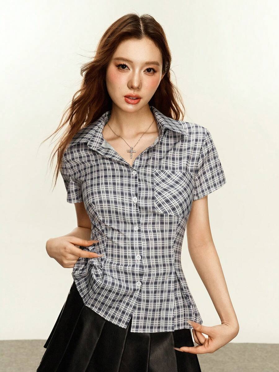 Rina Fox Women's Plaid Short Sleeve Single-Breasted Pocket Casual Shirt, Summer