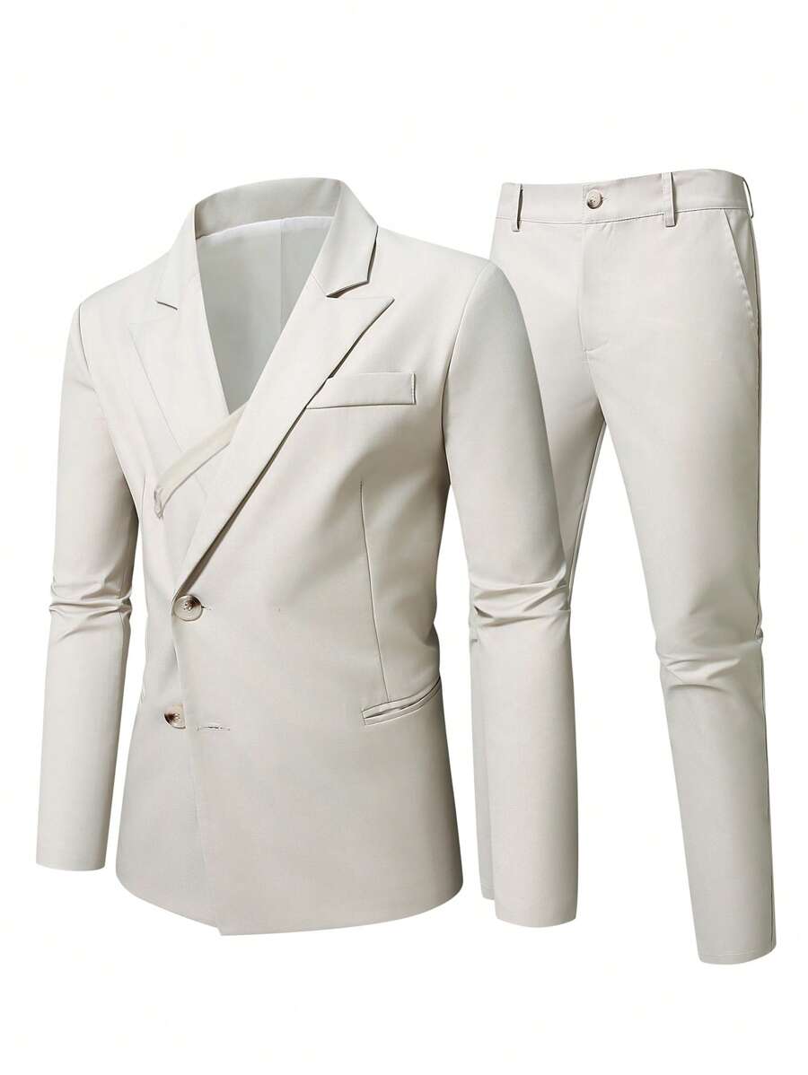 Manfinity Mode Conjunto de chaqueta y pantalón en talla grande para hombre, de unicolor y marrón jaspeado, de manga larga y cuello solapa