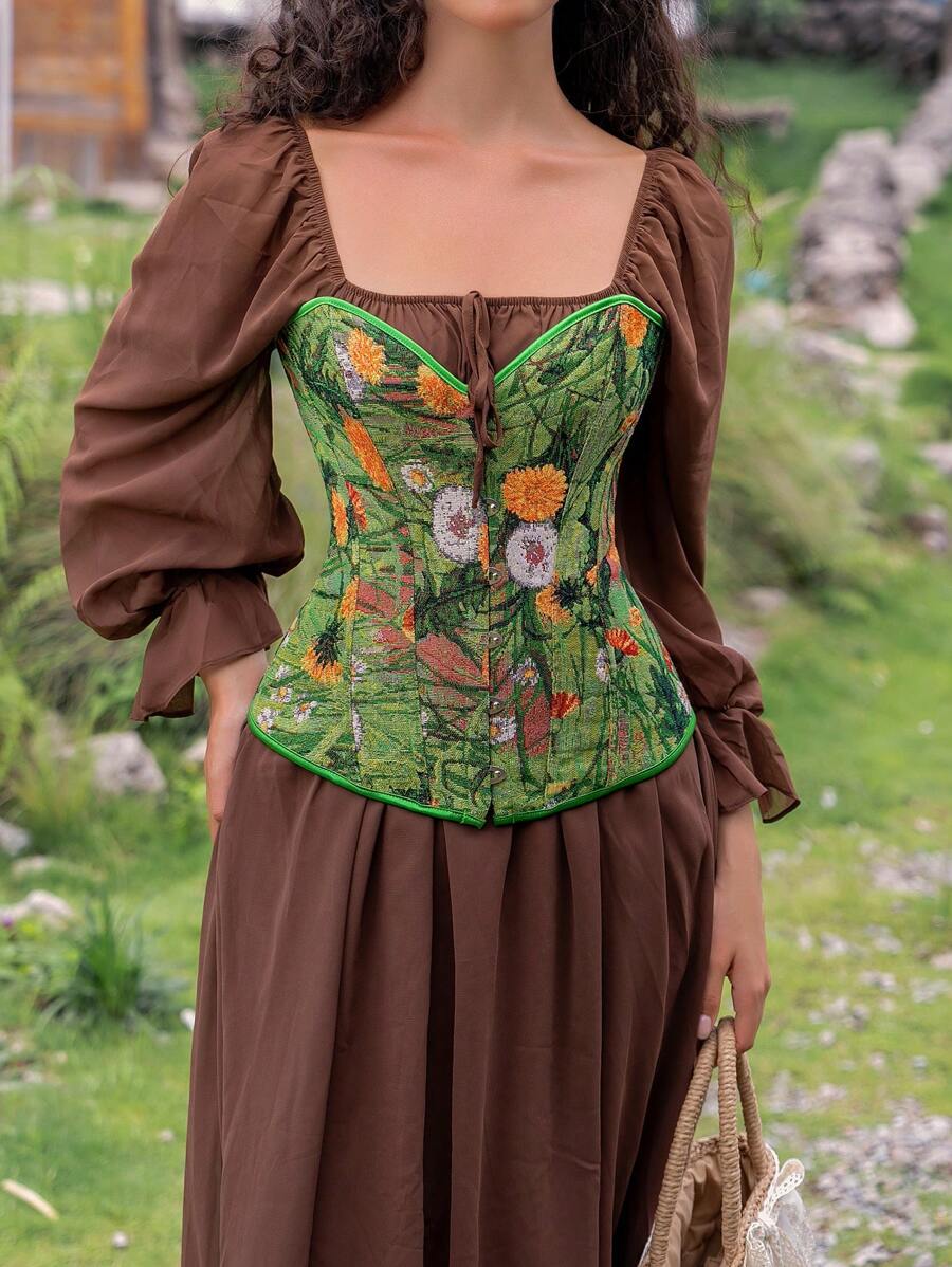 SHEIN Myrelith Green Floral Print Lace Up Corset Bustier Top For Women - Style Regular Length Fabric Corset