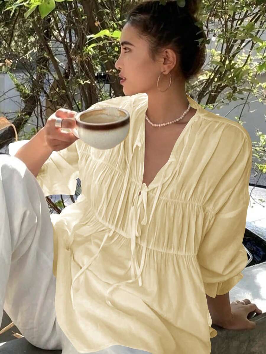 Livesso Nuova camicia da donna con laccetti a fiocco, stile rilassato e casual da spiaggia e resort