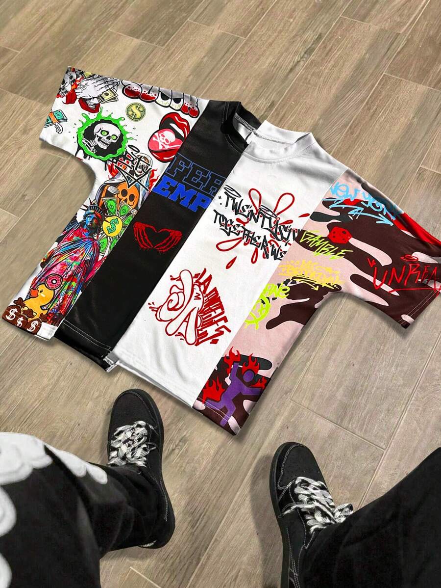 Manfinity EMRG Men's Fashion Colorblock Graffiti Printed T-Shirt (Flower Design Random)
