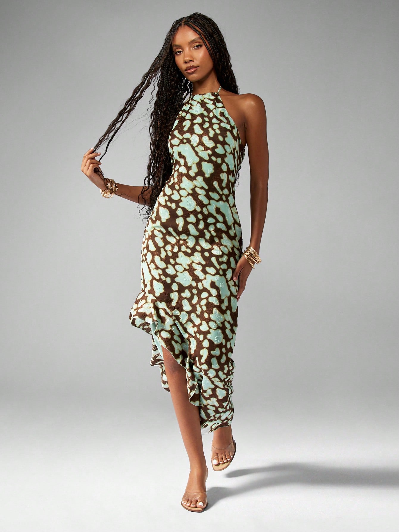 パーティードレス Printed Asymmetric Dress Womens Mixed Print Halter Dress With Butterfly Charm