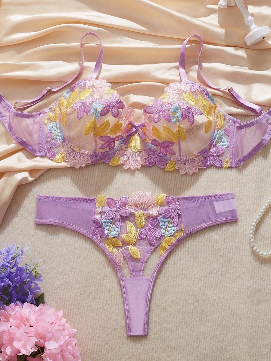 FloralLove 2 piezas Conjunto de ropa interior sexy para mujer con encaje y contraste de color, incluye sujetador con aros y pantie, delgado y fresco