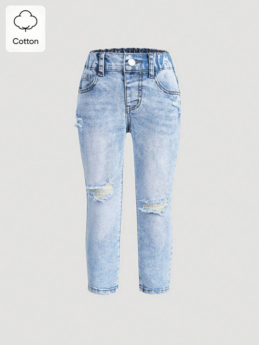 Jeans ajustados para niñas y niños pequeños de cintura media-alta, nuevos, de colores claros, con estiramiento y efecto desgastado