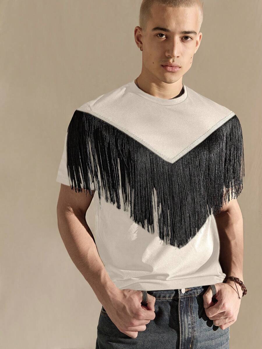 SWAVVY Men's Knitted Casual Loose Fringed Short Sleeve T-Shirt For Everyday Wear