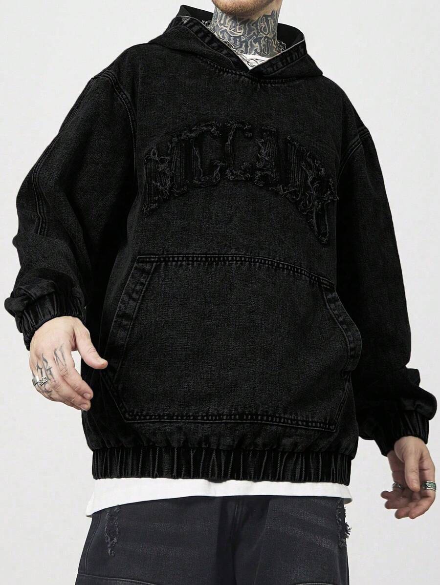 Manfinity EMRG Men's Black Washed Denim Hooded Jacket With Embroidered Design And Zipper Details