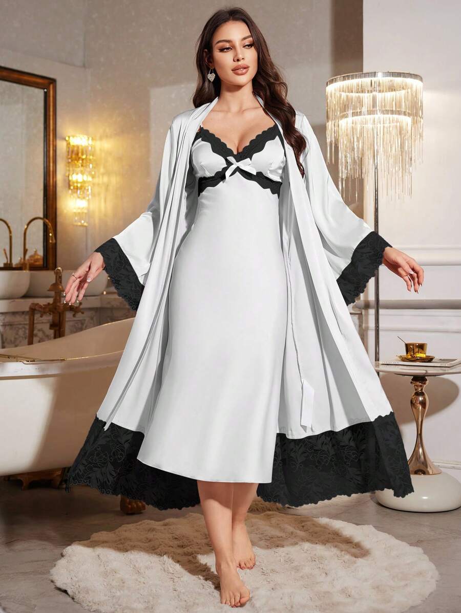 LuxeNights Conjunto de camisola, bata y pijama de satén sexy con encaje para mujer, ideal para vacaciones