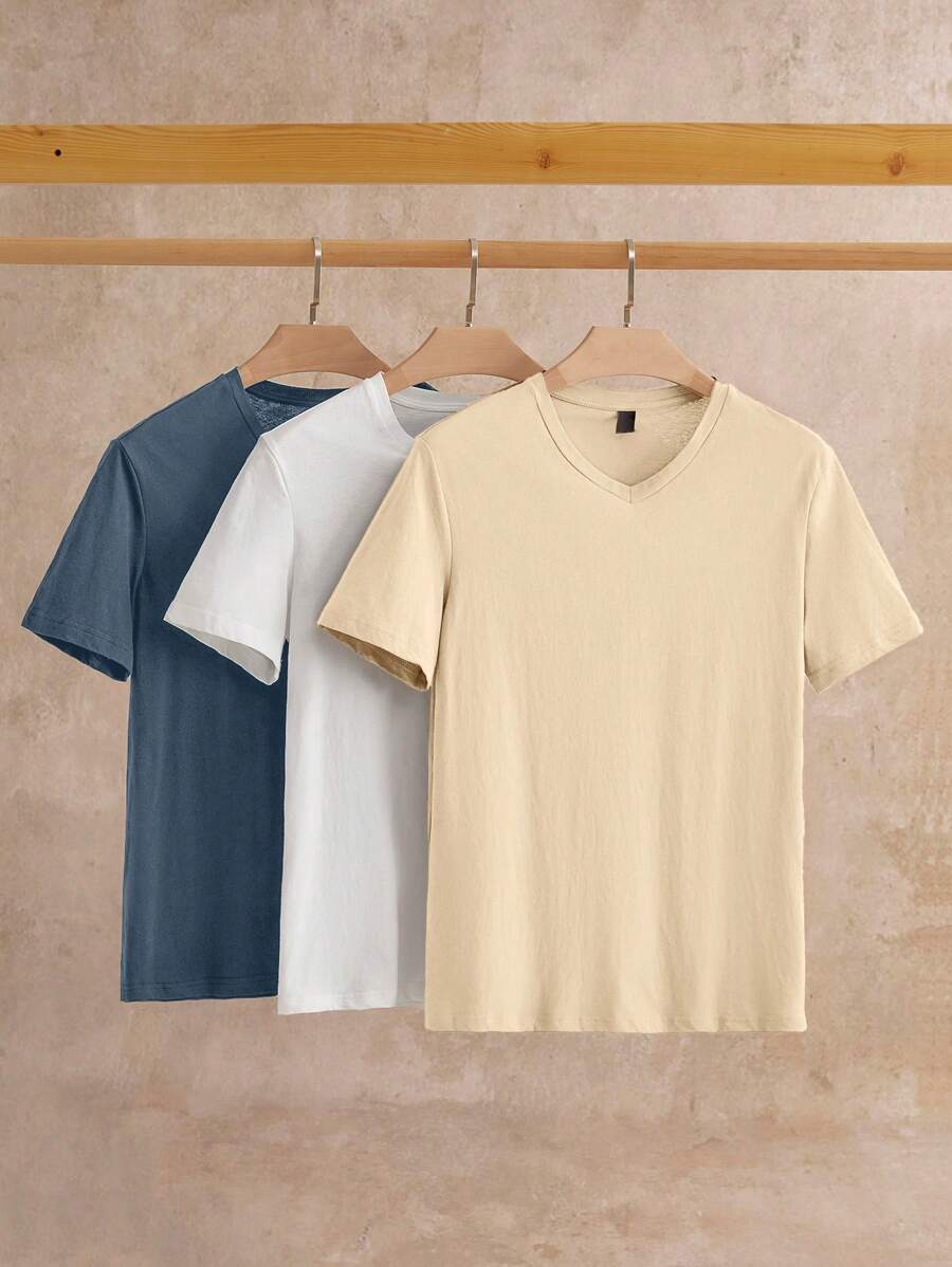 Manfinity VCAY paquete de 3 camisetas de manga corta de punto en color liso para hombre, ideal para el verano