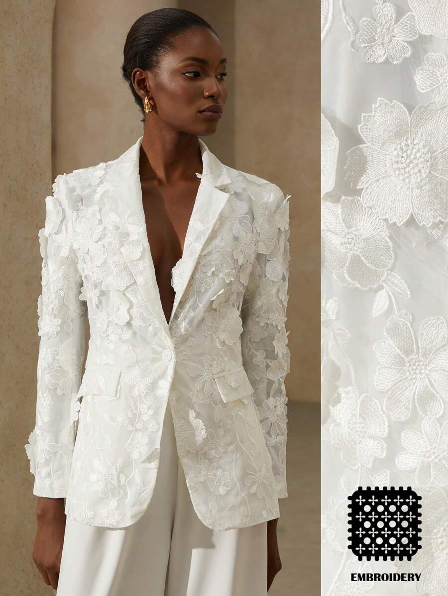 Aveloria Rosie Elegant Romantic Flower Embellished Long Sleeve Button Front Cardigan Jacket With Pockets For Women