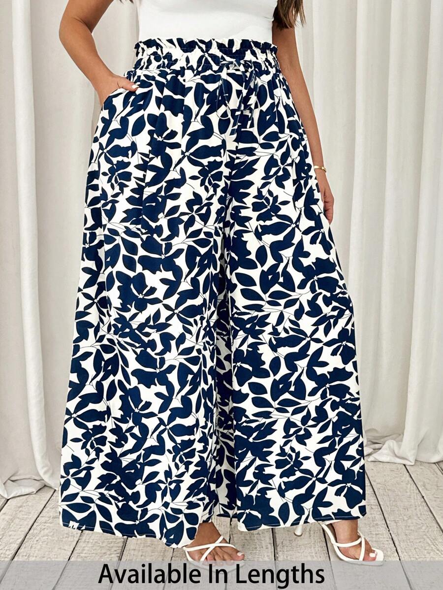 SHEIN Tall CURVE Pantalones anchos con estampado de plantas y bolsillos para mujer de talla grande, ideales para vacaciones