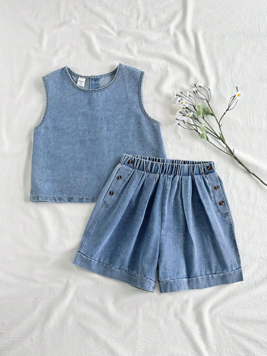 SHEIN Vintaside Kids Conjunto de chaleco vaquero sin mangas y shorts vaqueros lavados para niñas, estilo coreano, versátil para vacaciones, viajes al aire libre y uso casual diario