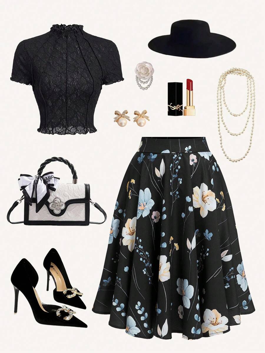 Ellevyn Women Elegant A-Line Floral Print Skirt