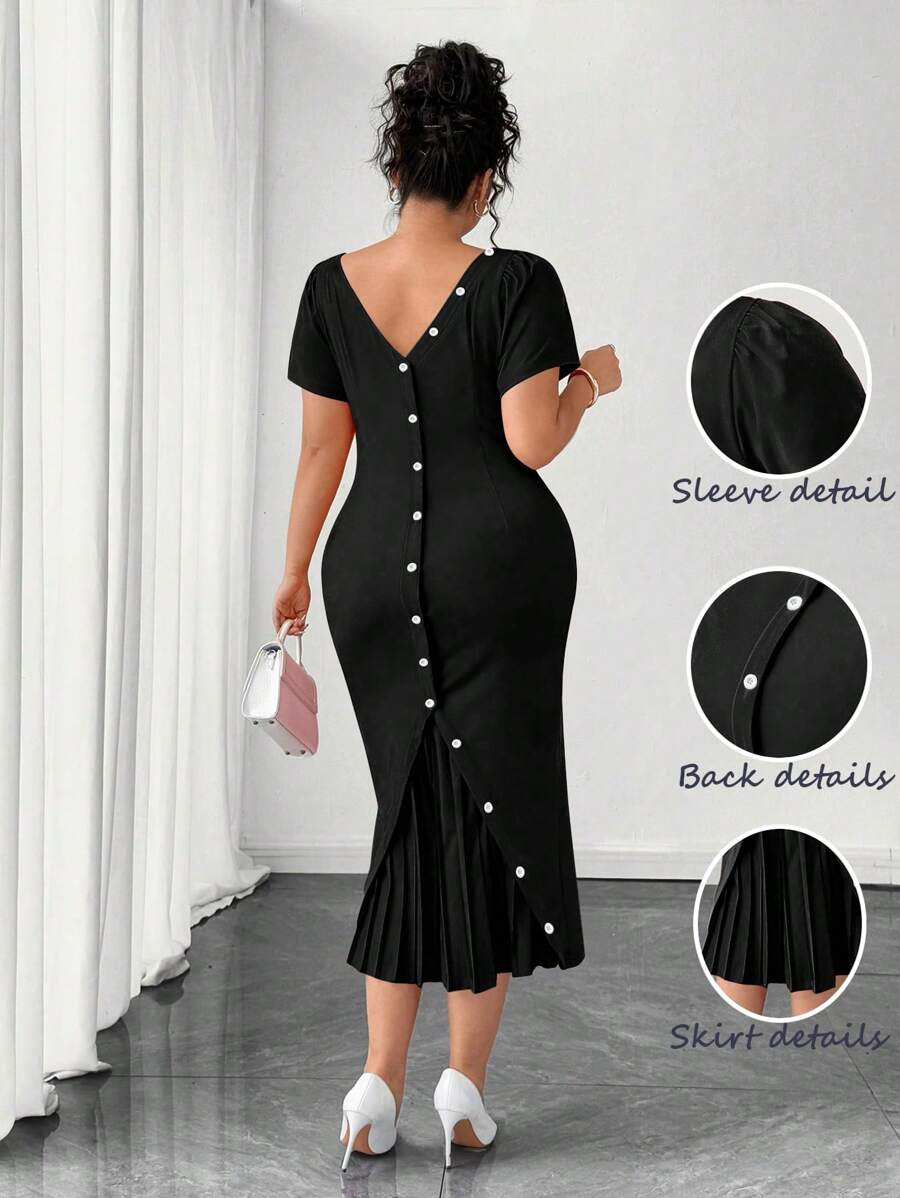 Elenzga Plus Size Summer Elegant Solid Color Ruched Back Button Hem Dress