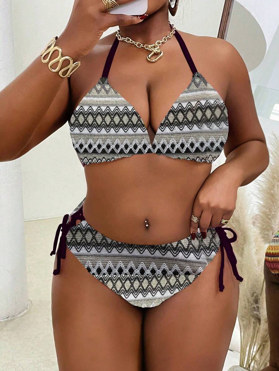 Slaydiva Plus Size Women 2pcs Set Textured Fabric Tied Triangle Sexy Bikini Swimsuit Set, Beach Vacation