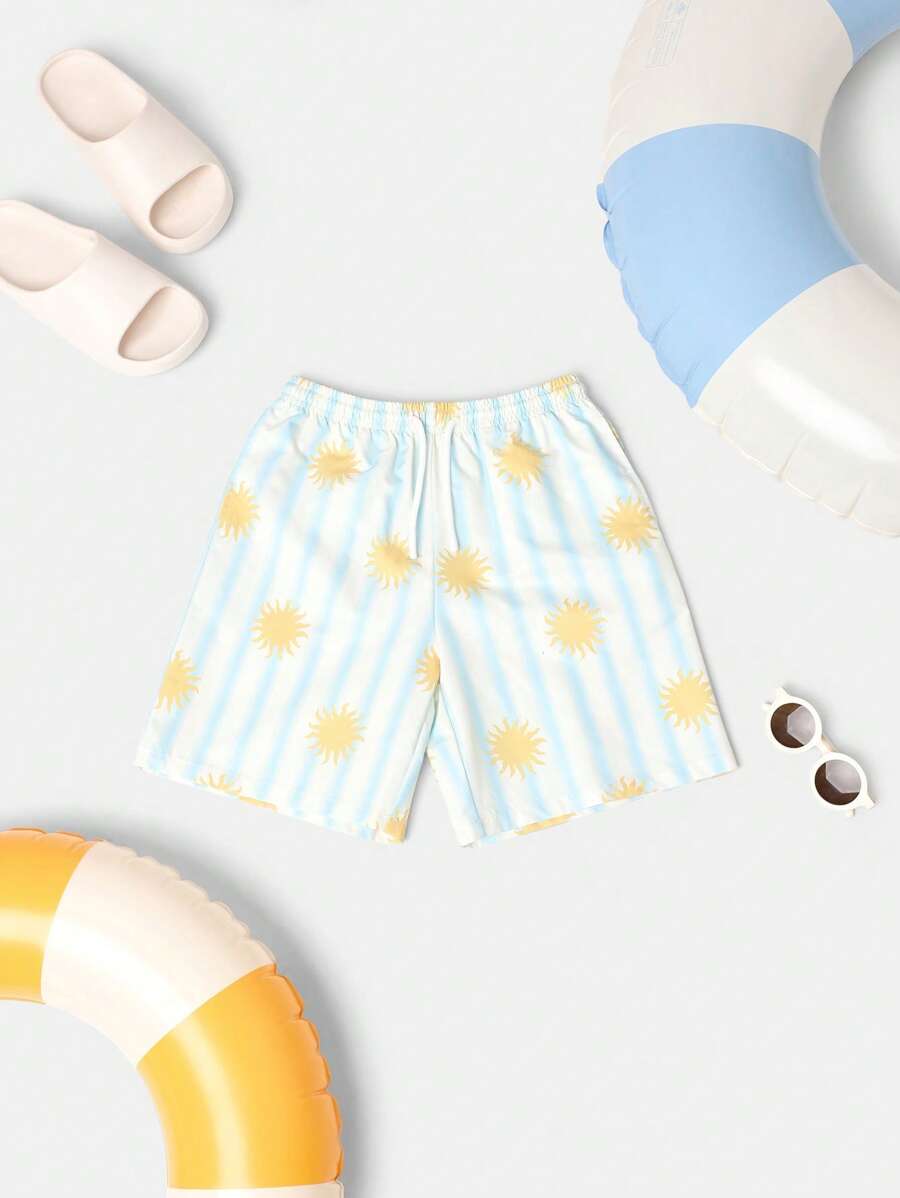 SUMWON 1 pezzo Pantaloncini da bagno estivi a righe, shorts da spiaggia, costumi da bagno, vita elastica, abbigliamento da spiaggia, stampa a tema solare