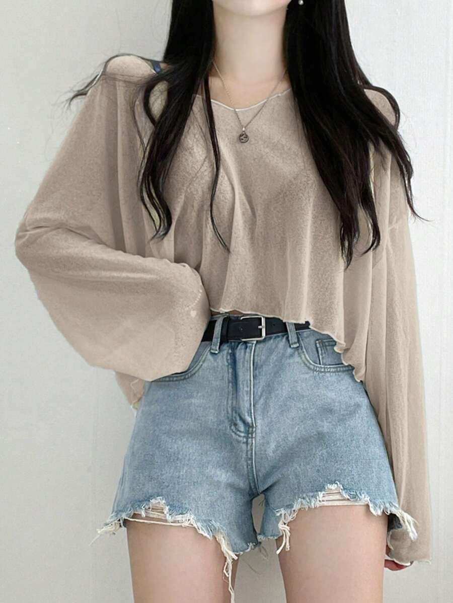 DAZY Women's Loose V-Neck Short Solid Color T-Shirt, Spring/Summer Sheer Long Sleeve Women Tops