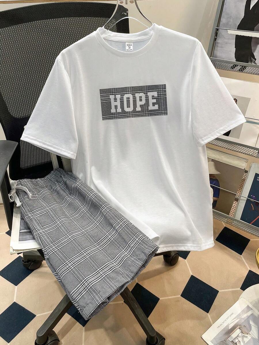 SHEIN Set de 2 piezas de top de manga corta y shorts casuales para adolescentes, estilo callejero punk rock y preppy, adecuado para uso diario, fiestas, festivales de música, primavera/verano, camiseta con estampado en inglés y shorts a cuadros