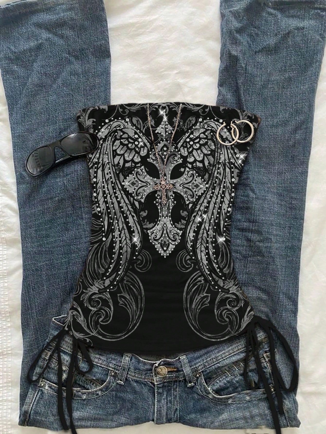 Attitoon Top corto fasciato con stampa a croce e fiocco frontale per le donne