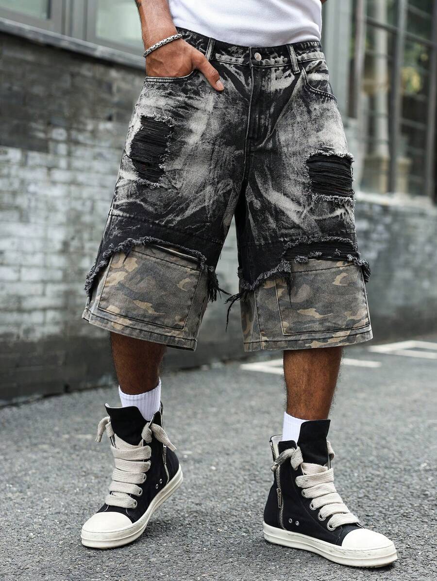 Manfinity LEGND Men's Black Denim Bermuda Shorts With Ripped Details And Camouflage Underlayer