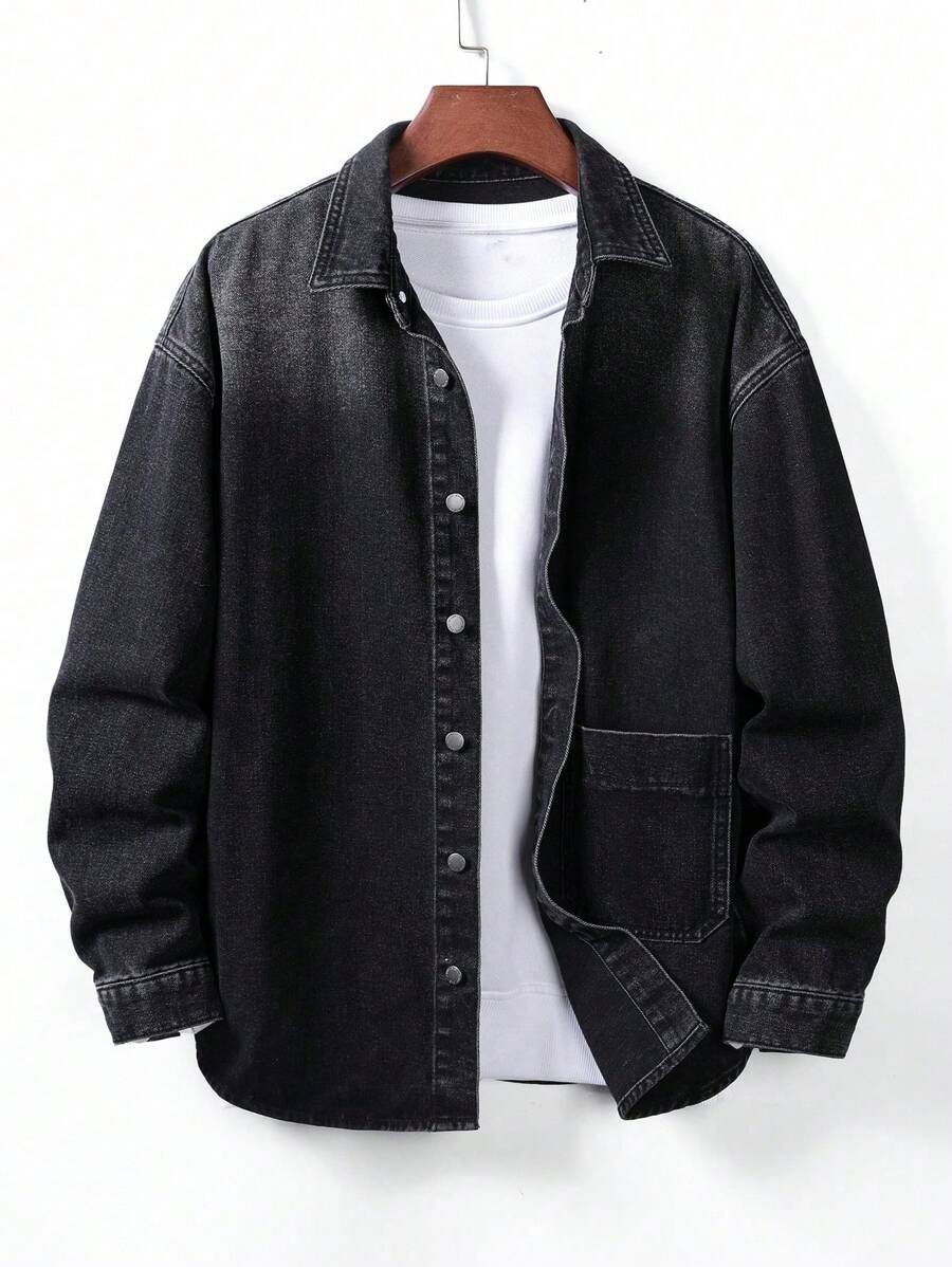 Manfinity LEGND Plus Size Men's Long Sleeve Single-Breasted Casual Pocket Denim Jacket Jean Shirt Men