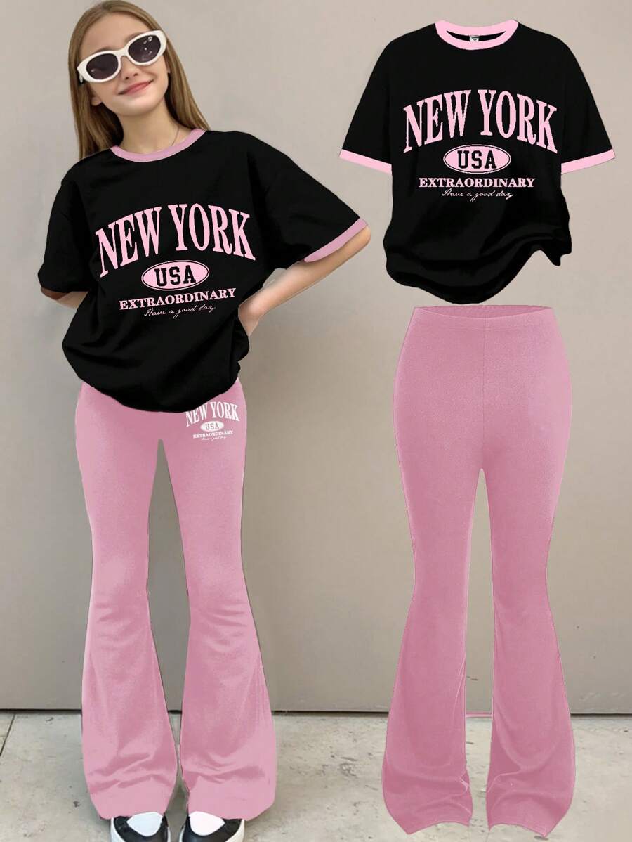 SHEIN Tween Girls' Casual Simple Short Sleeve Top And Pants 2 Pieces Set, Suitable For Summer